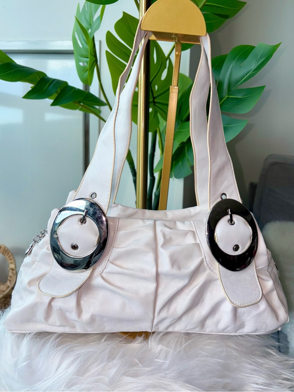 Vintage Y2K White Slouchy Hobo Shoulder Bag Oversized Silver Buckle McBling